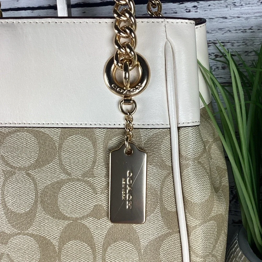 Coach Cammie Chain Bucket Signature‎ Khaki Chalk Shoulder Bag Wallet Set Purse - Picture 7 of 15